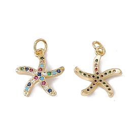 Brass Micro Pave Colorful Cubic Zirconia Pendants, with Jump Ring, Cadmium Free & Nickel Free & Lead Free, Rack Plating, Starfish