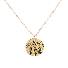 Alloy Flat Round with Mountain & Forest Pendant Necklaces, Cable Chain Necklace
