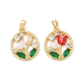 Латунные микро проложить кубического циркония подвески, плоские круглые с цветком, Эмаль стиле, с abs имитационными жемчужными бусинами , реальный 18 k позолоченный