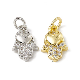Brass Micro Pave Cubic Zirconia Charm, with Jump Rings, Hamsa Hand with Heart Charm