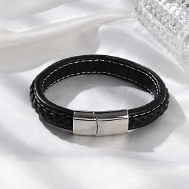 Braided Microfiber Leather Cord Bracelets for Men, with 316 Surgical Stainless Steel Polished Buckle and 304 Stainless Steel Finding