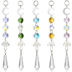 Glass Octagonal Bead Hanging Suncatchers, Stainless Steel Mushroom Moon and Cone Charm for Home Outdoor Window Ornaments