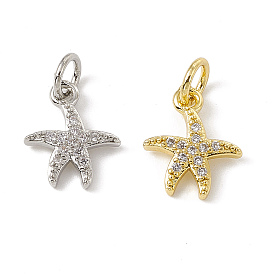 Brass Micro Pave Cubic Zirconia Charms, with Jump Ring, Starfish Charm