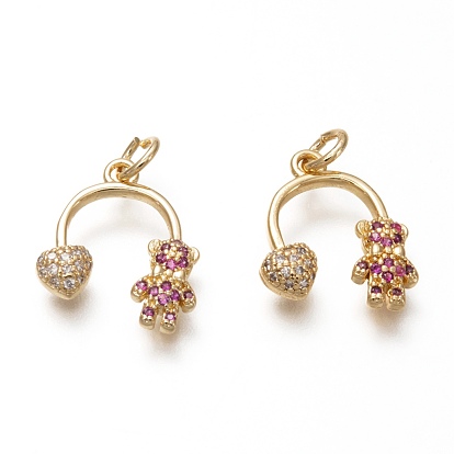 Brass Micro Pave Clear & Medium Violet Red Cubic Zirconia Pendants, with Jump Ring, Long-Lasting Plated, Heart & Bear