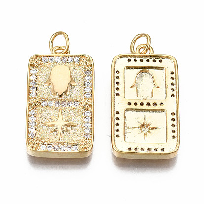 Brass Micro Pave Clear Cubic Zirconia Pendants, Nickel Free, Rectangle with Star & Hamsa Hand