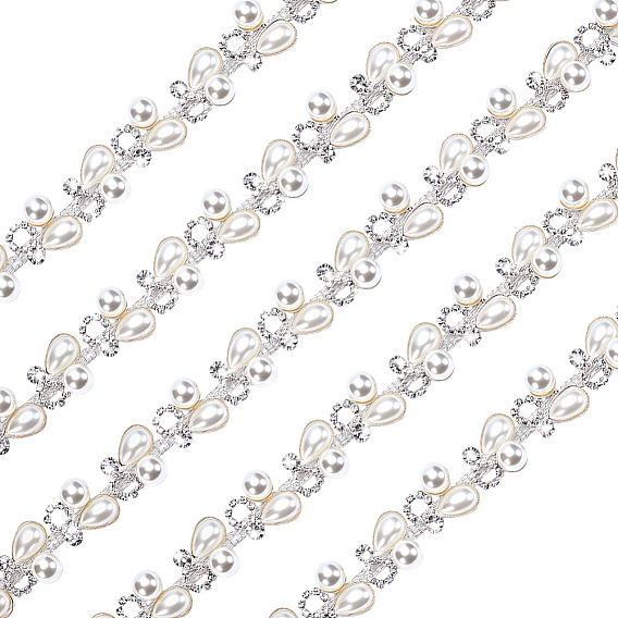 1 Yard Teardrop Iron Rhinestone Strass Chains, with Imitation Pearl, for Sewing Wedding Decoration