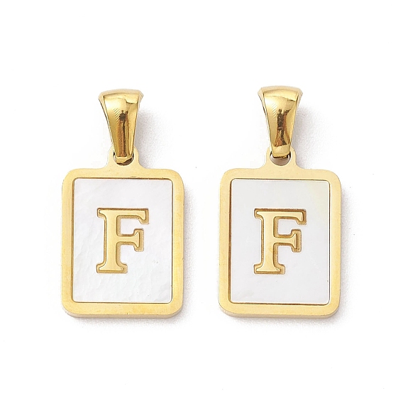 Ion Plating(IP) 304 Stainless Steel Pave Shell Pendants, Rectangle Charm, Real 18K Gold Plated