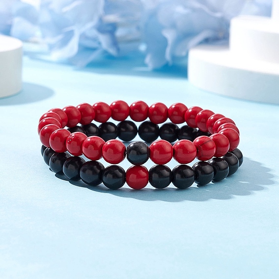 2шт 2 цвета окрашенные синтетические бирюзовые бисерные эластичные браслеты для женщин и мужчин