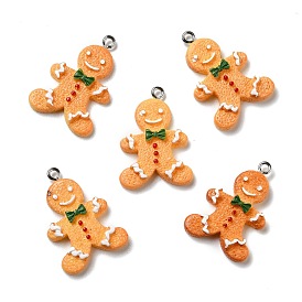 Opaque Resin Pendants, with Platinum Tone Iron Loops, Imitation Gingerbread, Christmas Theme, Gingerbread Man