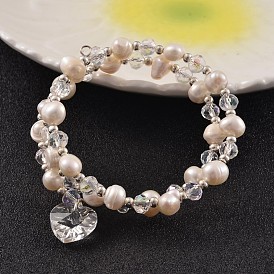 2 Loops Pearl Beaded Wrap Bracelets, with Glass Beads and Heart Charm, 49mm