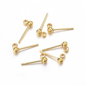 304 Stainless Steel Ball Stud Earring Findings, with Loop, Round