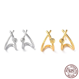 Rhodium Plated 925 Sterling Silver Stud Earring Findings, Twist Triangle, for Half Drilled Beads, with S925 Stamp