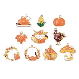 Thanksgiving Day Alloy Enamel Pendants, Golden, Leaf/Turkey/House/Corn/Mushroom Charm