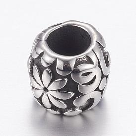 304 Stainless Steel European Beads, Large Hole Beads, Barrel with Flower
