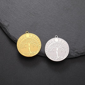 Stainless Steel Pendant, Flat Round with Tree of Life