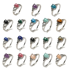 Oval Natural Gemstone Adjustable Rings, Brass Clear Cubic Zirconia Ring for Women, Long-Lasting Plated, Lead Free & Cadmium Free, Platinum