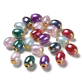 Rainbow Iridescent Plating Acrylic European Beads, Glitter Beads, Large Hole Beads, with Golden Tone Alloy Findings, Barrel with Word Lucky