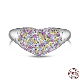925 Sterling Silver Heart Adjustable Rings with Colorful Cubic Zirconia, with S925 Stamp