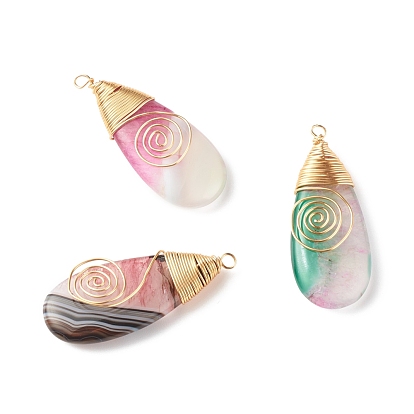 Brésilien naturel craquelé agate pendentifs, avec du vrai fil de cuivre plaqué or 18k enroulé, teints et chauffée, larme