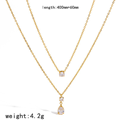 304 Stainless Steel Pave Clear Cubic Zirconia Teardrop Pendant Double Layer Necklaces for Women