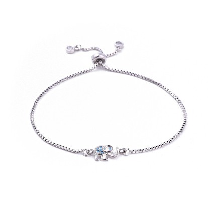 Adjustable Brass Slider Bracelets, Bolo Bracelets, with Brass Micro Pave Cubic Zirconia Links, Elephant