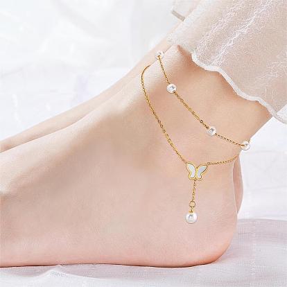 Double Layered Chain Butterfly Anklet Imitation Pearl Butterfly with Beaded Charms Anklet Summer Beach Dainty Jewelry Gift for Women