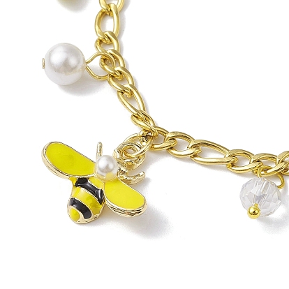 Shell Pearl & Alloy Enamel Bees Charm Bracelet, with 304 Stainless Steel Figaro Chains