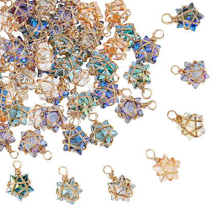 70pcs 7 styles pendentifs en verre galvanisé enveloppés de fil de cuivre, charmes étoiles