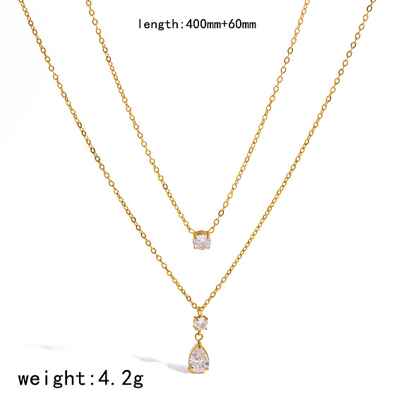 304 Stainless Steel Pave Clear Cubic Zirconia Teardrop Pendant Double Layer Necklaces for Women