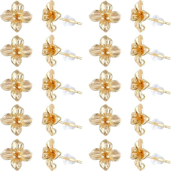 20 шт. латунные серьги-гвоздики, с 925 булавкой из стерлингового серебра и вертикальной петлей, без кадмия, без никеля и без свинца, цветок, с 20 пластиковыми ушными гайками