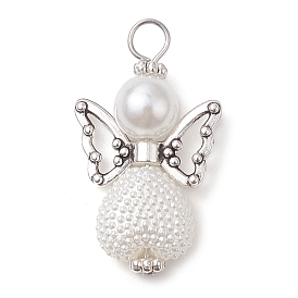 ABS Imitation Pearl Pendants, with Alloy Finding, Angel Charms, White