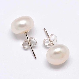 Cadeau de jour de demi perle naturelle oreille tour les goujons de la mère, avec 925 épingles en argent sterling et écrous d'oreille, 10x7mm, pin: 0.7 mm