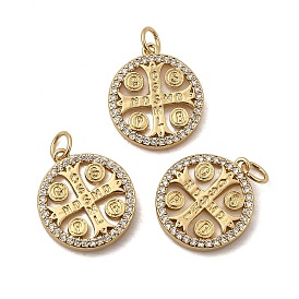 Золотой тон латунные микро проложить кубического циркония кулоны, с кольцами и оболочкой, плоский круг с крестом и словом
