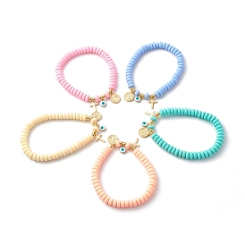 Bracelets en perles de pâte polymère faites main, avec breloque en laiton, croix et ovale avec vierge marie et mauvais œil