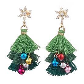 Polycotton Tassels Christmas Tree & Bell Stud Dangle Earring, Brass Cubic Zirconia Snowflake Earring for Women