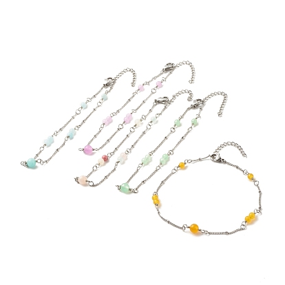 Ножные браслеты из натурального окрашенного белого нефрита и малайзийского нефрита для женщин, 304 ножные браслеты с цепочками-сателлитами из нержавеющей стали