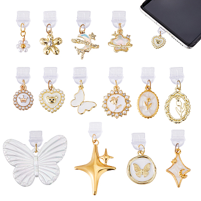 14шт 14 стили пластиковые мобильные пылезащитные заглушки, с подвесками из эмали и сплава , разнообразные