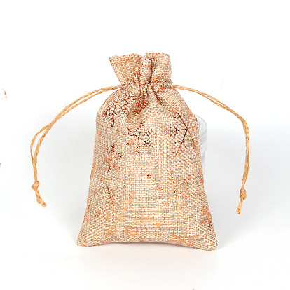 Rectangle Hot Stamping Burlap Packing Pouches Drawstring Bags, for Christmas, Wedding Party and DIY Craft Packing