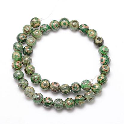 Tibetan Style 3-Eye dZi Beads, Natural Agate Bead Strands, Round, Dyed & Heated