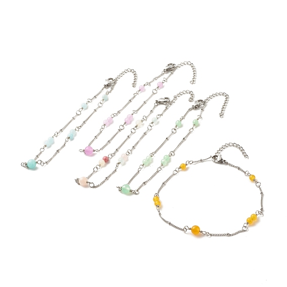 Ножные браслеты из натурального окрашенного белого нефрита и малайзийского нефрита для женщин, 304 ножные браслеты с цепочками-сателлитами из нержавеющей стали