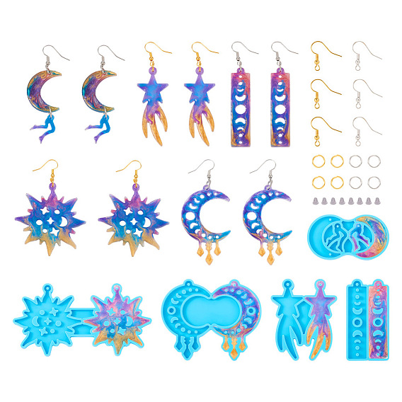 5 шт. 5 силиконовые формы для подвески в виде фаз Луны и звезд, с латунными крючками для серег, соединительными кольцами и пластиковыми ушными гайками