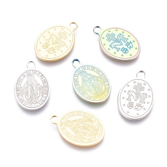 Ion Plating(IP) 304 Stainless Steel Charms, Laser Cut, Oval, Miraculous Medal
