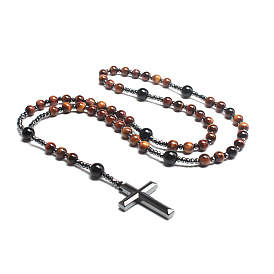 Gemstone Round Beads Long Chain Cross Pendant Necklaces for Men