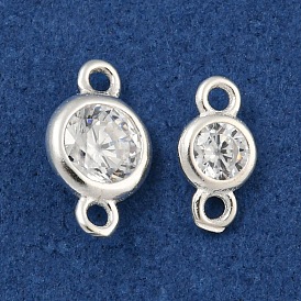 925 Sterling Silver Connector Charms, with Cubic Zirconia, Flat Round