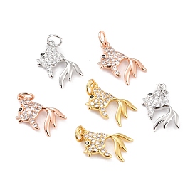 Brass Micro Pave Cubic Zirconia Pendants, with Jump Rings, Long-Lasting Plated, Cadmium Free & Lead Free, Fish