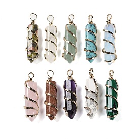 Mixed Gemstone Double Terminal Pointed Copper Wire Wrapped Hexagon Prism Pendants, Faceted Bullet Charms, Golden