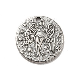 304 Stainless Steel Pendants, Flat Round with Star & Angel