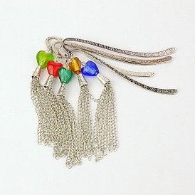 Tibetan Style Tassel Bookmarks/Hairpins, with Handmade Silver Foil Glass Beads and Iron Chains, 84mm