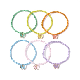6Pcs 6 Color Glass Seed Beeded Stretch Bracelets Set, with Alloy Enamel Butterlfly Charms