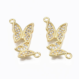 Brass Micro Pave Cubic Zirconia Links Connectors, Nickel Free, Real 16K Gold Plated, Butterfly